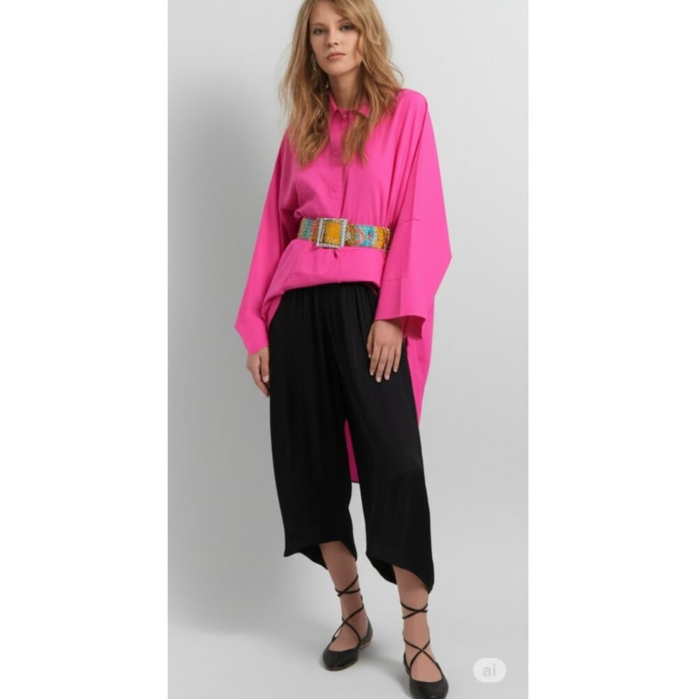Adrienne Vittadini Silk Lagenlook Oversized Button Up Tunic Shirt Dress Pink M